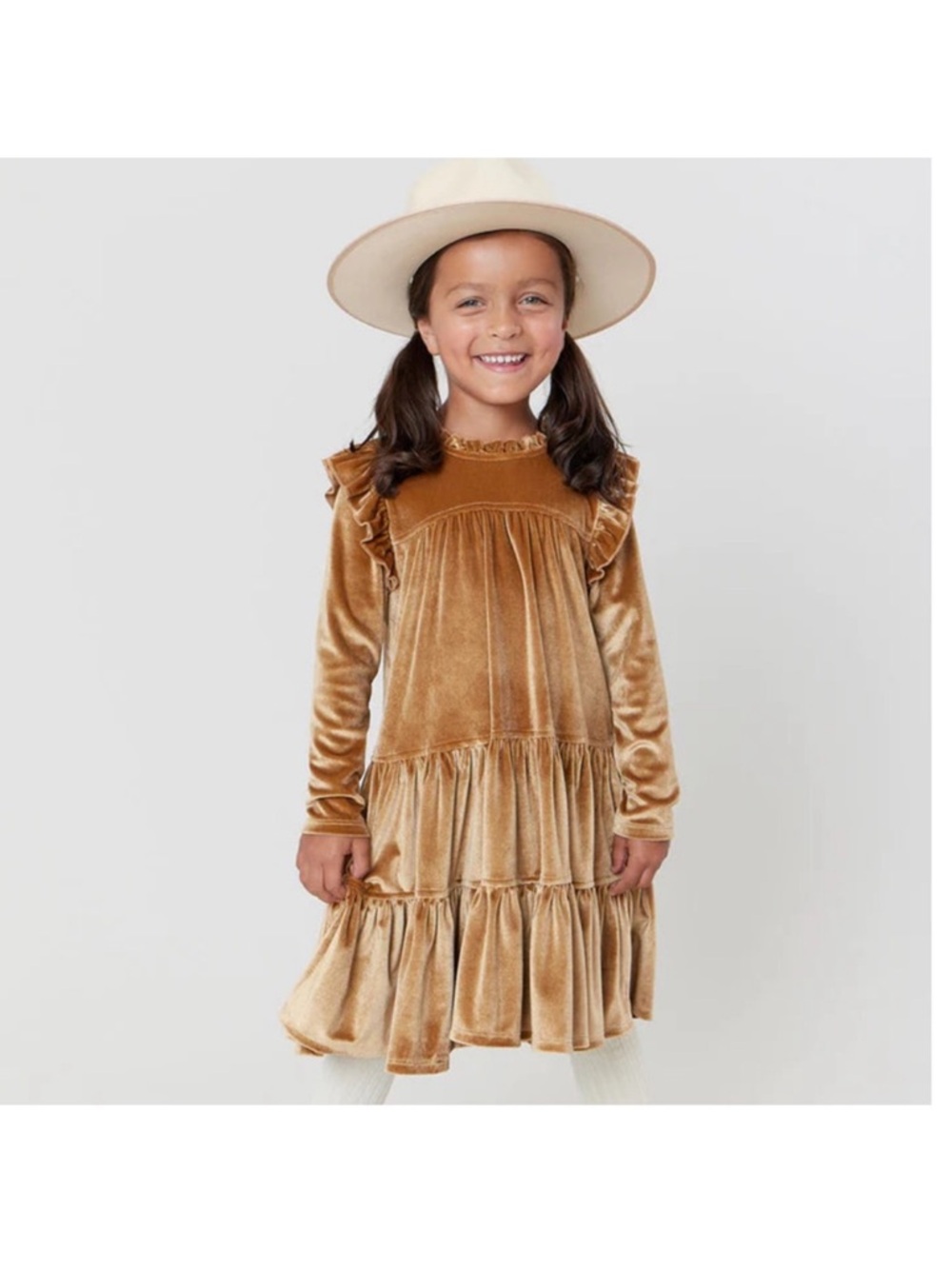Girls' Velvet Ruffle Tiered Dress - Tan